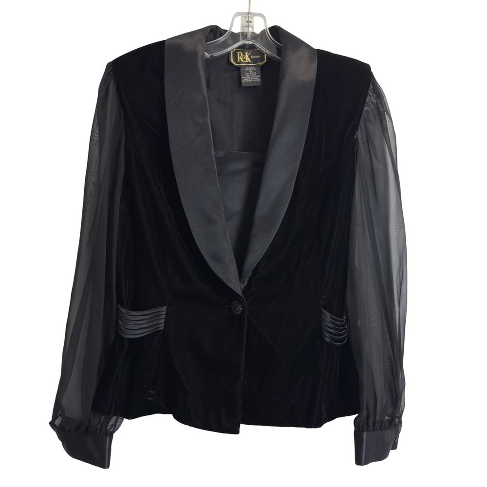 R&K Evening Black Velvet Blazer Sheer Chiffon Sleeve Satin Trim Formal Jacket 10